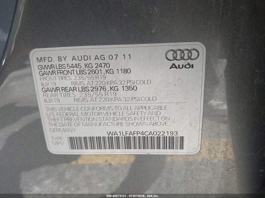 2012 Audi Q5 VIN WA1LFAFP4CA022193 IAAI salvage auction — NORMAL WEAR, Clear - Dealer Only (California), sold $550 on 2026-07-28 (photo 9)