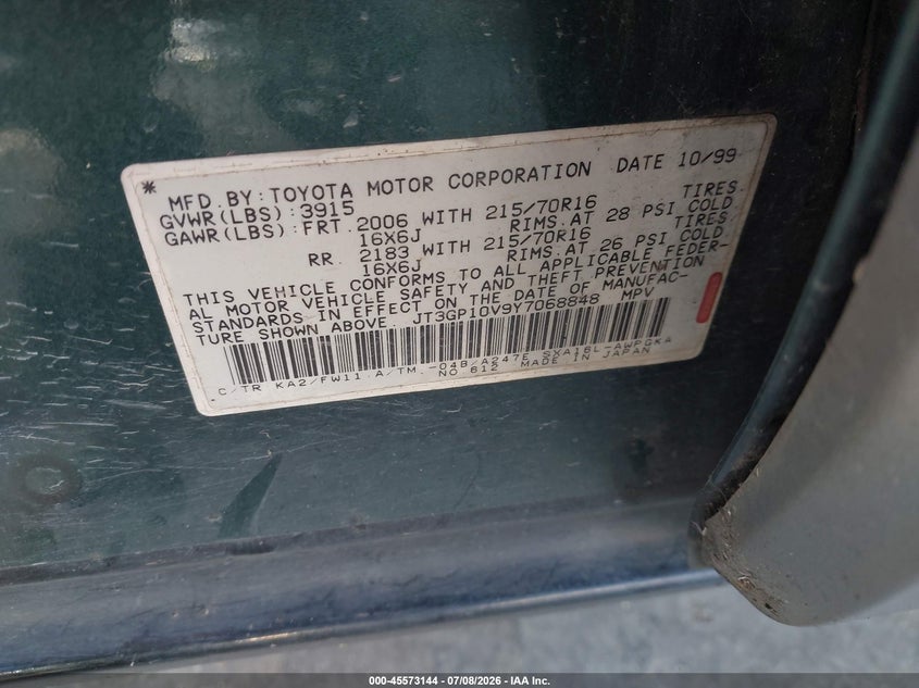 2000 Toyota Rav4 VIN JT3GP10V9Y7068848 IAAI salvage auction — FRONT END, Salvage (California), sold $300 on 2026-07-30 (photo 9)