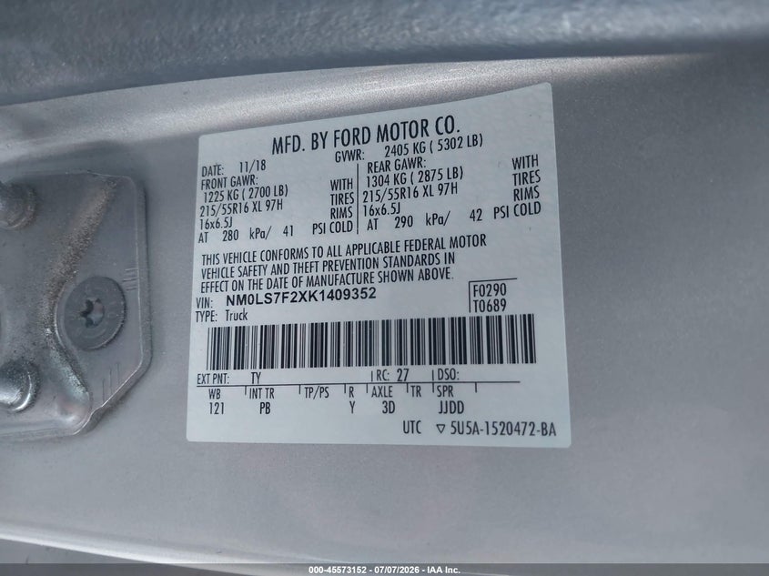 2019 Ford Transit VIN NM0LS7F2XK1409352 IAAI salvage auction — FRONT END, Salvage (California), sold $4,000 on 2026-08-15 (photo 9)