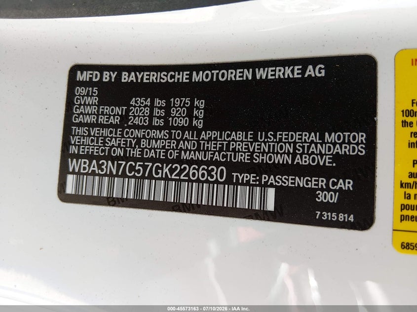 2016 BMW 4er VIN WBA3N7C57GK226630 IAAI salvage auction — REAR END, Salvage Title, sold $4,675 on 2026-08-19 (photo 9)