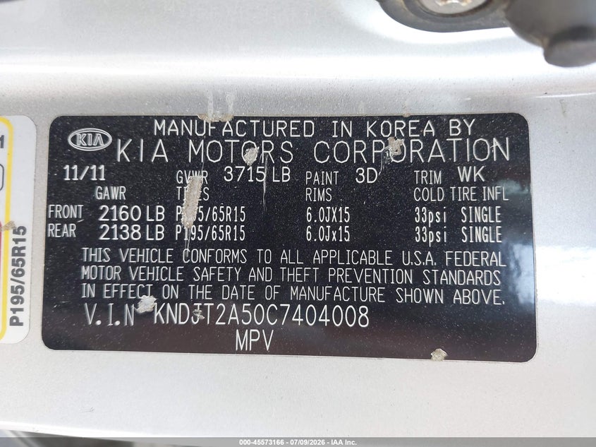 2012 Kia Soul VIN KNDJT2A50C7404008 IAAI salvage auction — NORMAL WEAR, Clear - Dealer Only (California), sold $275 on 2026-07-28 (photo 9)