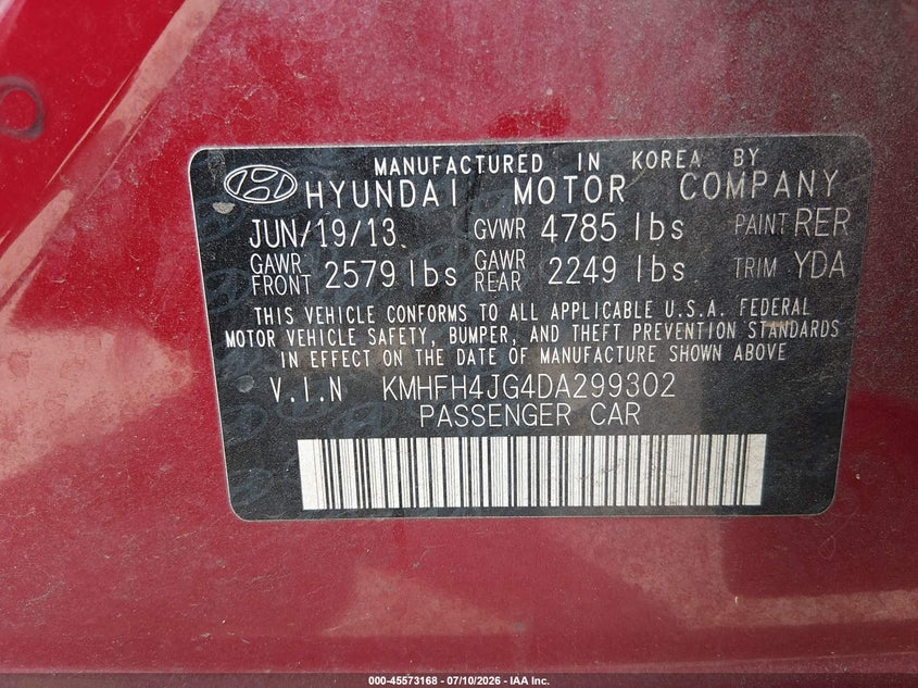 2013 Hyundai Azera VIN KMHFH4JG4DA299302 IAAI salvage auction — FRONT END, Salvage (North Carolina), sold $1,650 on 2026-07-29 (photo 9)