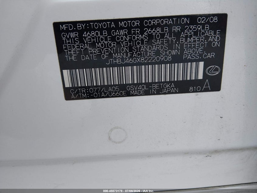 2008 Lexus Es 350 VIN JTHBJ46GX82220908 IAAI salvage auction — SIDE, Salvage - Greater Than 75% (Maryland), sold $750 on 2026-08-02 (photo 9)