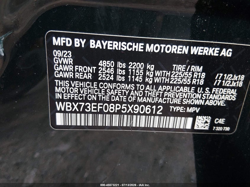 2023 BMW X1 VIN WBX73EF08P5X90612 IAAI salvage auction — LEFT FRONT, Salvage Title, sold $12,650 on 2026-08-14 (photo 9)
