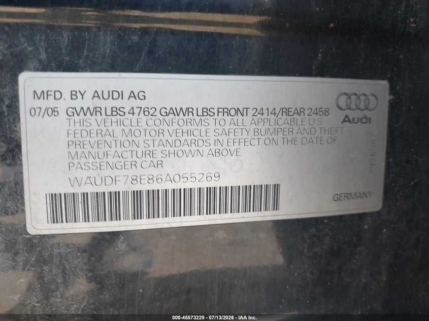 2006 Audi A4 VIN WAUDF78E86A055269 IAAI salvage auction — NORMAL WEAR, Original (Vermont), sold $50 on 2026-07-23 (photo 9)