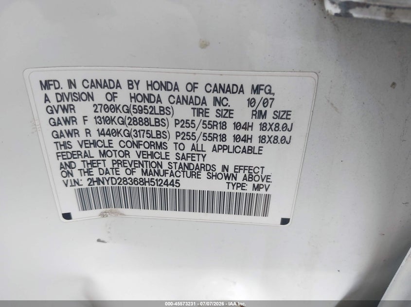 2008 Acura Mdx VIN 2HNYD28368H512445 IAAI salvage auction — NORMAL WEAR, Clear (New York), sold $600 on 2026-07-21 (photo 9)