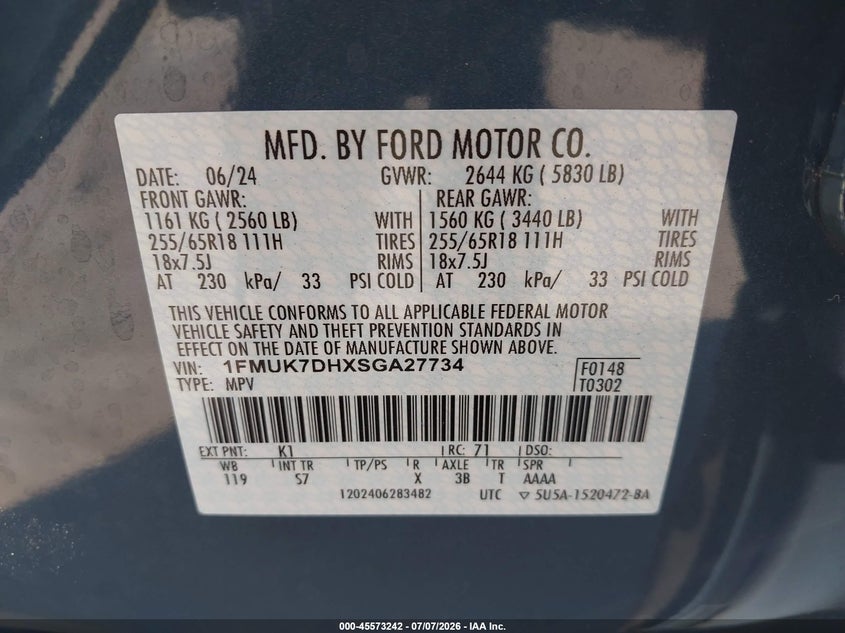 2025 Ford Explorer VIN 1FMUK7DHXSGA27734 IAAI salvage auction — REAR END, Salvage (California), sold $14,400 on 2026-07-25 (photo 9)