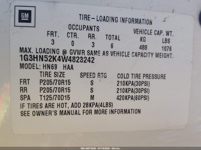1998 Oldsmobile .88 VIN 1G3HN52K4W4823242 IAAI salvage auction — NORMAL WEAR, Clear (Wyoming), sold $175 on 2026-07-28 (photo 9)