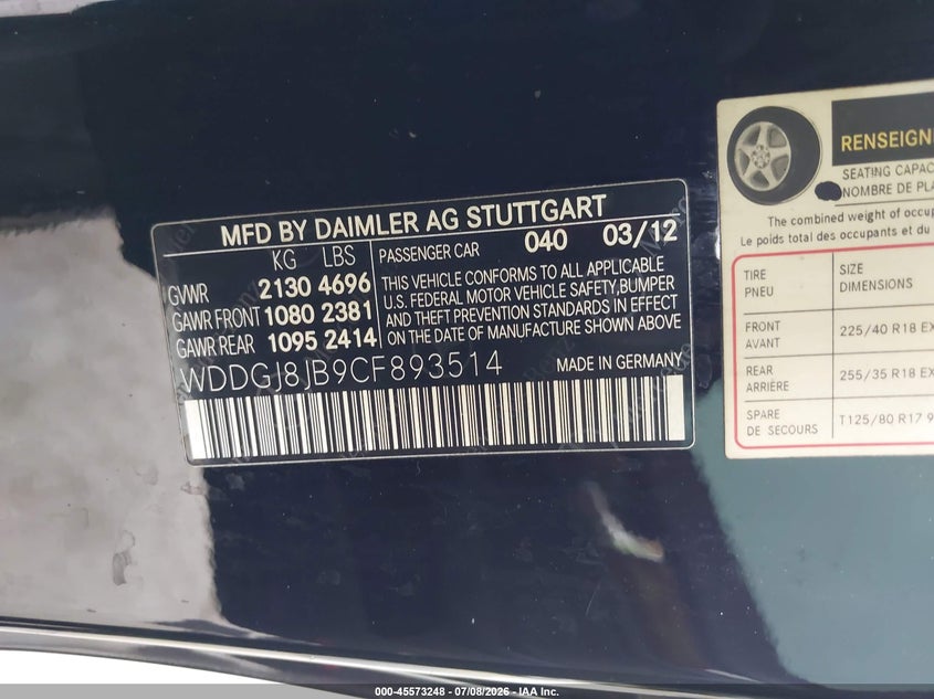 2012 Mercedes-benz C-klasse VIN WDDGJ8JB9CF893514 IAAI salvage auction — REAR END, Bill Of Sale (Washington), sold $1,500 on 2026-07-24 (photo 9)