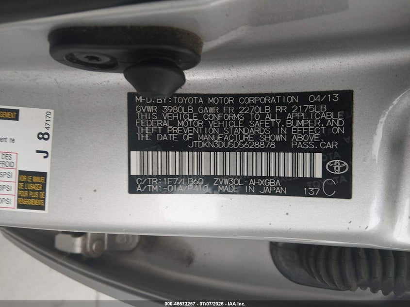 2013 Toyota Prius VIN JTDKN3DU5D5628878 IAAI salvage auction — NORMAL WEAR, Clear - Dealer Only (California), sold $3,050 on 2026-07-13 (photo 9)