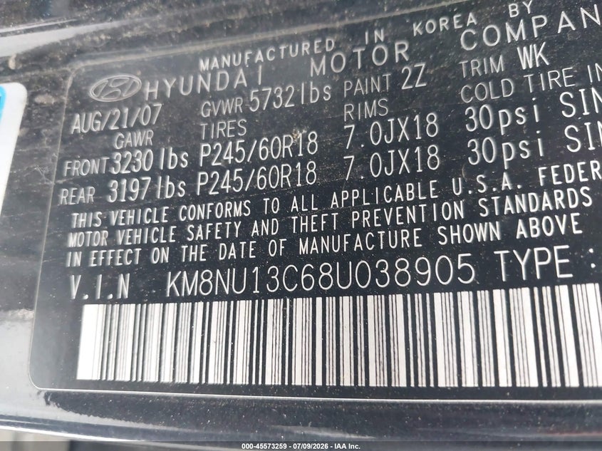 2008 Hyundai Veracruz VIN KM8NU13C68U038905 IAAI salvage auction — NORMAL WEAR, Clear - Dealer Only (California), sold $350 on 2026-07-29 (photo 9)