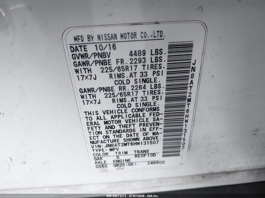2017 Nissan Rogue VIN JN8AT2MT6HW131507 IAAI salvage auction — FRONT & REAR, Salvage Title, sold $1,050 on 2026-07-21 (photo 9)