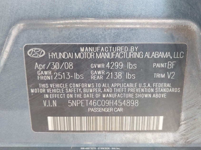 2009 Hyundai Sonata VIN 5NPET46C09H454898 IAAI salvage auction — NORMAL WEAR, Clear (Hawaii), sold $175 on 2026-07-28 (photo 9)