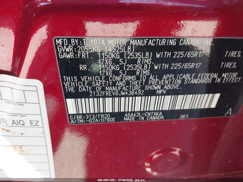 2018 Toyota Rav4 VIN 2T3ZFREV6JW436492 IAAI salvage auction — NORMAL WEAR, Original (Texas), sold $11,400 on 2026-07-29 (photo 9)