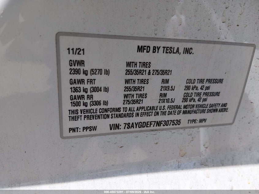 2022 Tesla Model y VIN 7SAYGDEF7NF307535 IAAI salvage auction — FRONT & REAR, Salvage Title, sold $7,800 on 2026-07-31 (photo 9)