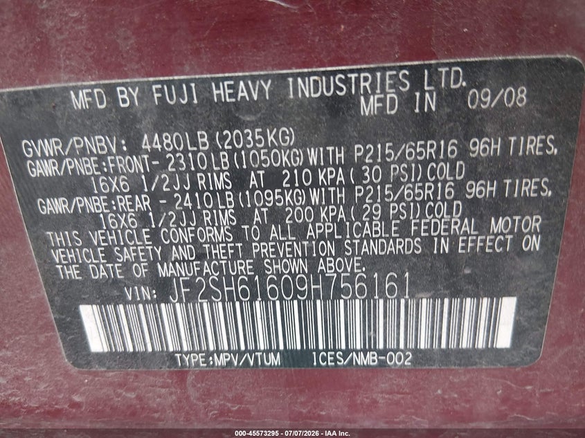 2009 Subaru Forester VIN JF2SH61609H756161 IAAI salvage auction — NORMAL WEAR, Clear (Pennsylvania), sold $1,675 on 2026-07-09 (photo 9)