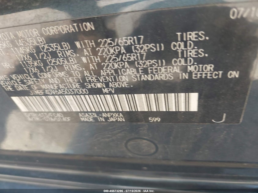 2010 Toyota Rav4 VIN JTMBF4DV6A5037000 IAAI salvage auction — REAR END, Clear (Indiana), sold $2,000 on 2026-08-01 (photo 9)