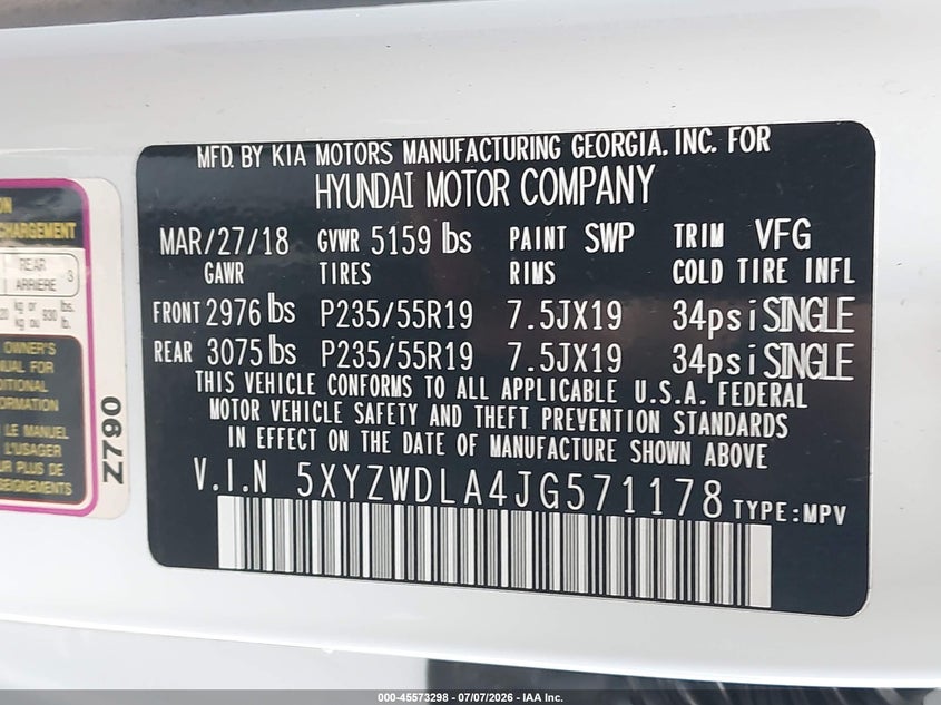 2018 Hyundai Santa fe VIN 5XYZWDLA4JG571178 IAAI salvage auction — Burn Engine, Salvage Title, sold $2,550 on 2026-07-22 (photo 9)