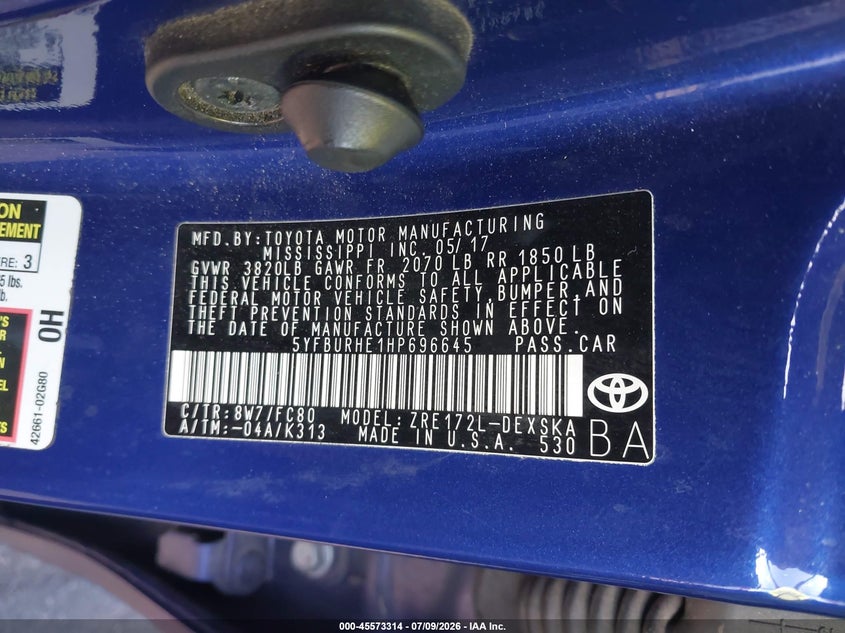 2017 Toyota Corolla VIN 5YFBURHE1HP696645 IAAI salvage auction — REAR END, Salvage Title, sold $3,400 on 2026-07-16 (photo 9)