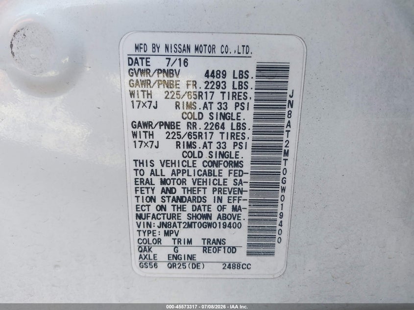 2016 Nissan Rogue VIN JN8AT2MT0GW019400 IAAI salvage auction — FRONT END, Salvage (Arizona), sold $1,100 on 2026-07-18 (photo 9)