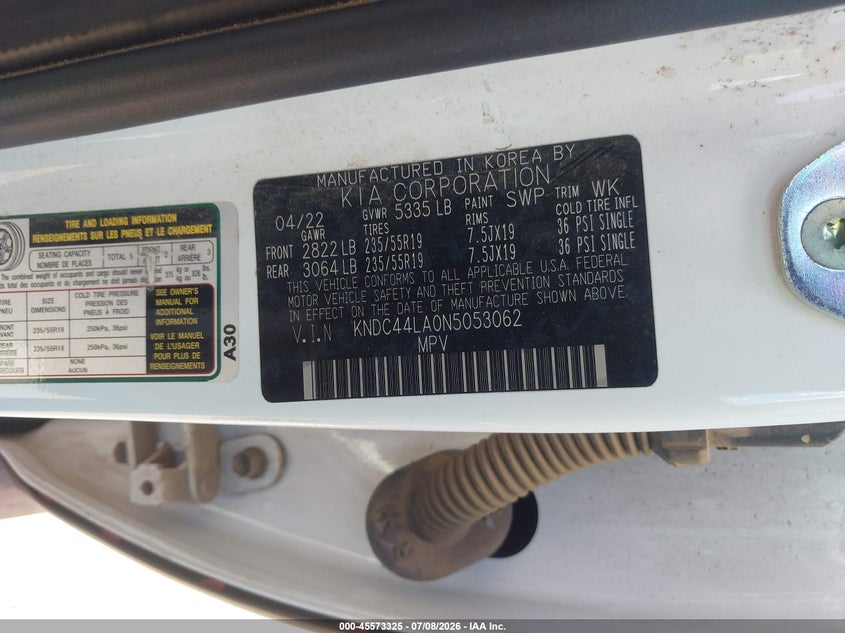 2022 Kia Ev6 VIN KNDC44LA0N5053062 IAAI salvage auction — FRONT END, Salvage Title, sold $9,200 on 2026-08-19 (photo 9)