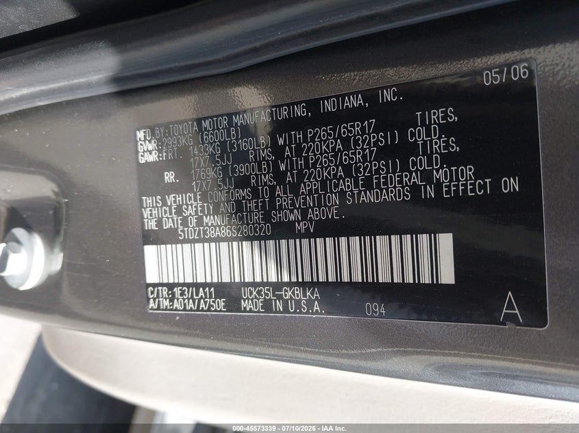 2006 Toyota Sequoia VIN 5TDZT38A86S280320 IAAI salvage auction — FRONT & REAR, Salvage (California), sold $1,250 on 2026-07-30 (photo 9)