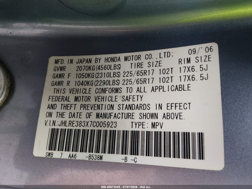 2007 Honda Cr-v VIN JHLRE383X7C005923 IAAI salvage auction — NORMAL WEAR, Clear (Virginia), sold $975 on 2026-07-21 (photo 9)