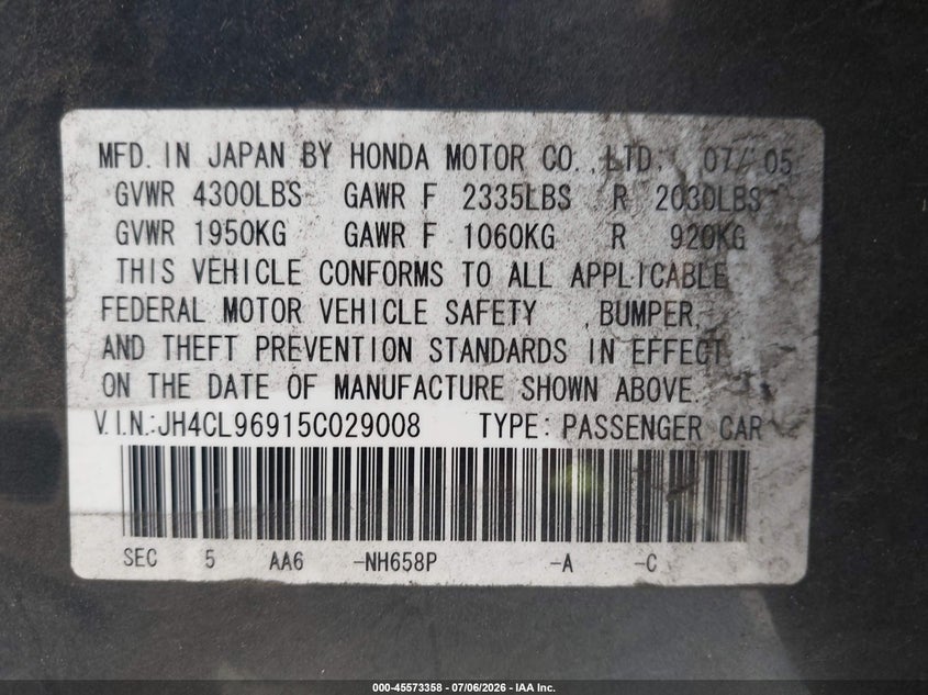 2005 Acura Tsx VIN JH4CL96915C029008 IAAI salvage auction — NORMAL WEAR, Clear - Dealer Only (California), sold $875 on 2026-07-15 (photo 9)