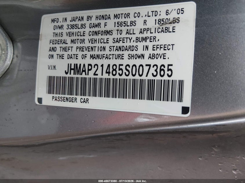 2005 Honda S2000 VIN JHMAP21485S007365 IAAI salvage auction — ROOF, Salvage (North Carolina), sold $8,125 on 2026-09-02 (photo 9)