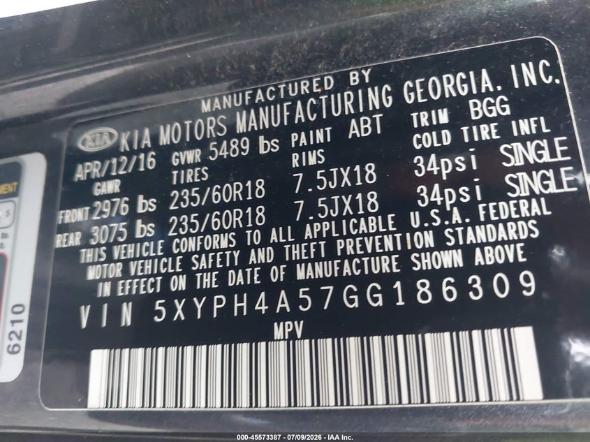 2016 Kia Sorento VIN 5XYPH4A57GG186309 IAAI salvage auction — NORMAL WEAR, Clear (Delaware), sold $3,125 on 2026-07-30 (photo 9)