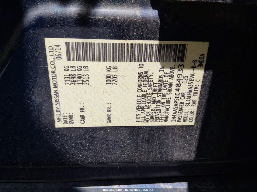 2014 Hyundai Sonata VIN 5NPEB4ACXEH946892 IAAI salvage auction — NORMAL WEAR, Salvage Title, sold $25 on 2026-07-23 (photo 9)