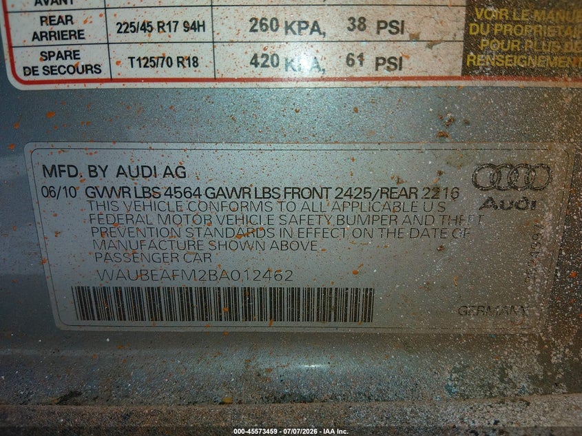 2011 Audi A3 VIN WAUBEAFM2BA012462 IAAI salvage auction — NORMAL WEAR, Clear (Washington), sold $250 on 2026-07-29 (photo 9)