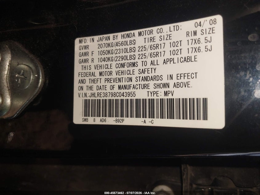 2008 Honda Cr-v VIN JHLRE38798C043955 IAAI salvage auction — FRONT END, Salvage (Arizona), sold $150 on 2026-07-28 (photo 9)