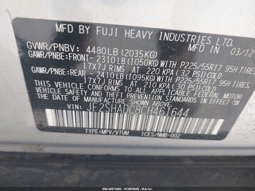 2012 Subaru Forester VIN JF2SHADC8CH461644 IAAI salvage auction — NORMAL WEAR, Clear (Utah), sold $2,175 on 2026-07-30 (photo 9)