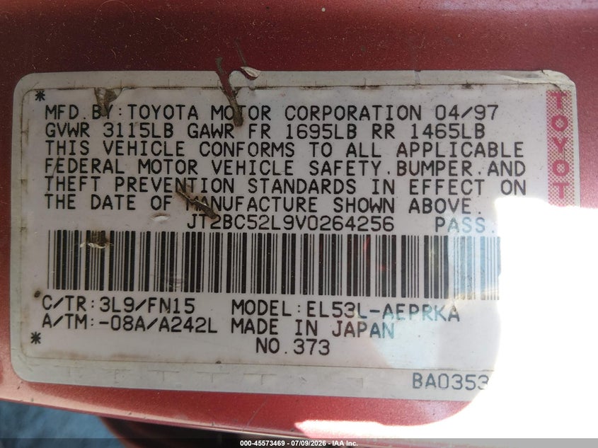 1997 Toyota Tercel VIN JT2BC52L9V0264256 IAAI salvage auction — NORMAL WEAR, Clear (Washington), sold $275 on 2026-07-15 (photo 9)