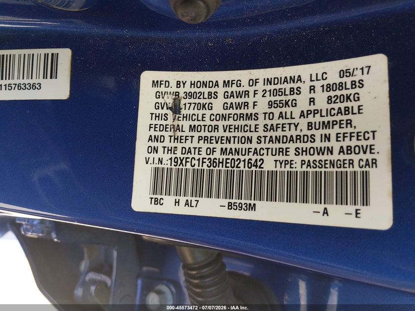 2017 Honda Civic VIN 19XFC1F36HE021642 IAAI salvage auction — FRONT END, Salvage Title, sold $3,050 on 2026-07-31 (photo 9)