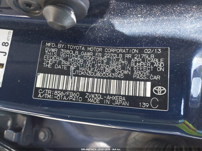 2013 Toyota Prius VIN JTDKN3DU8D0343945 IAAI salvage auction — FRONT END, Salvage (California), sold $675 on 2026-07-29 (photo 9)