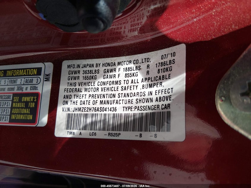 2010 Honda Insight VIN JHMZE2H76AS041436 IAAI salvage auction — SIDE, Clear - Dealer Only (California), sold $650 on 2026-07-22 (photo 9)
