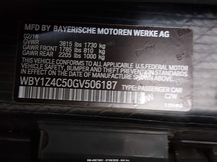 2016 BMW I3 VIN WBY1Z4C50GV506187 IAAI salvage auction — SIDE, Bill Of Sale (Washington), sold $775 on 2026-07-30 (photo 9)