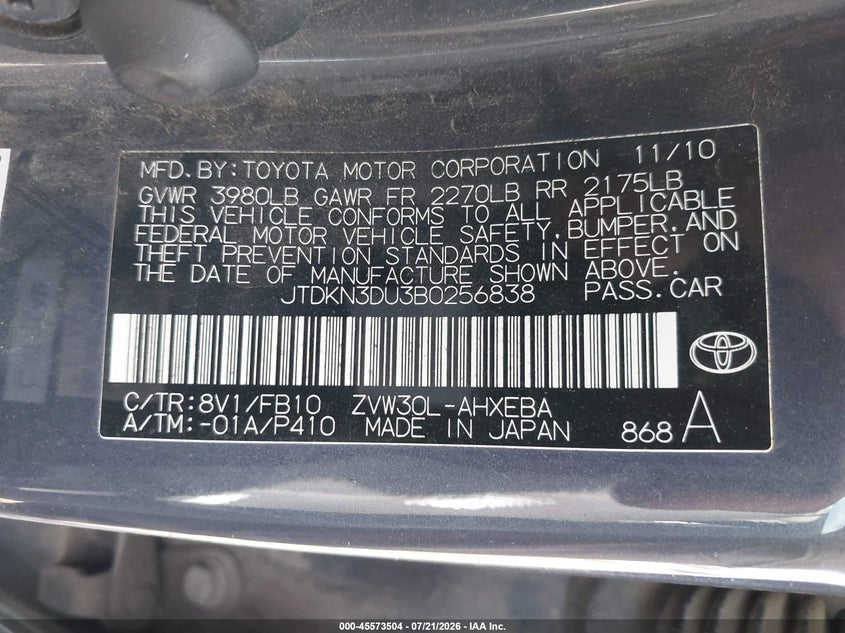 2011 Toyota Prius VIN JTDKN3DU3B0256838 IAAI salvage auction — NORMAL WEAR, Peddle Clear Public-Restricted (Oregon), sold $300 on 2026-07-27 (photo 9)