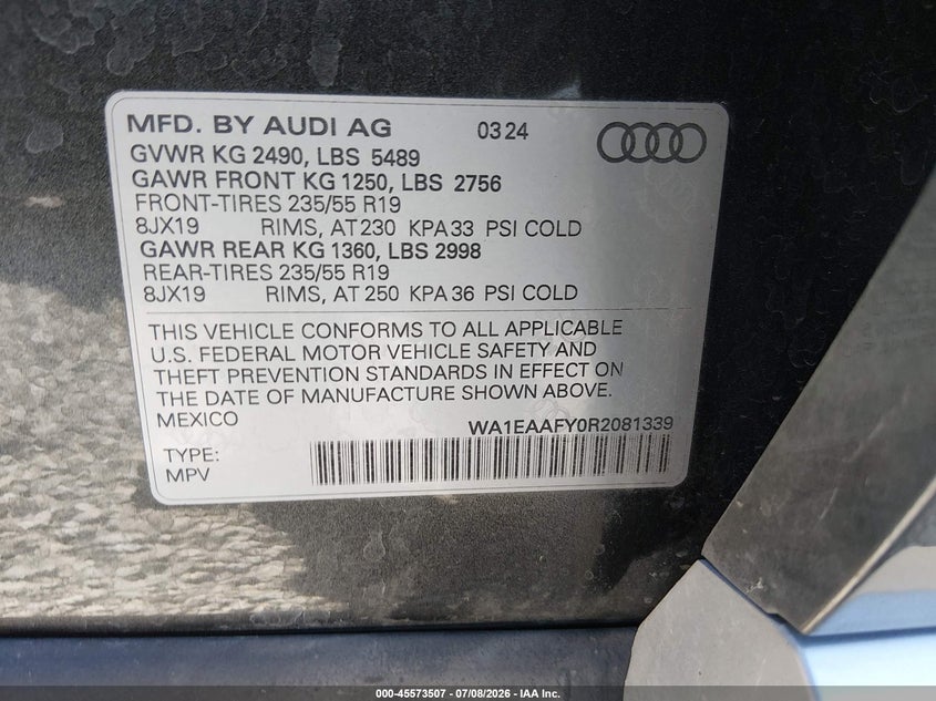 2024 Audi Q5 VIN WA1EAAFY0R2081339 IAAI salvage auction — NORMAL WEAR, Salvage Title, sold $16,300 on 2026-07-13 (photo 9)