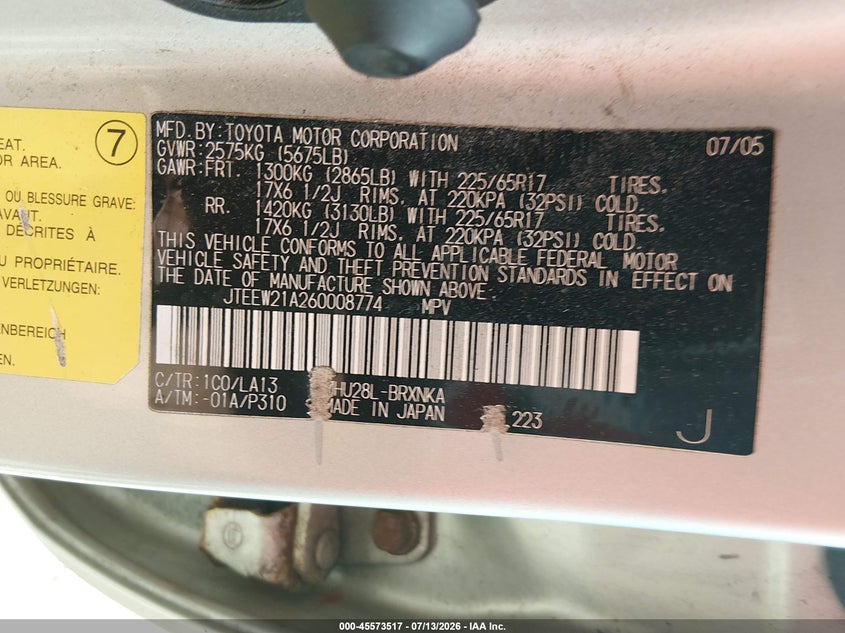 2006 Toyota Highlander hybrid VIN JTEEW21A260008774 IAAI salvage auction — MECHANICAL, Clear (New Jersey), sold $625 on 2026-07-23 (photo 9)