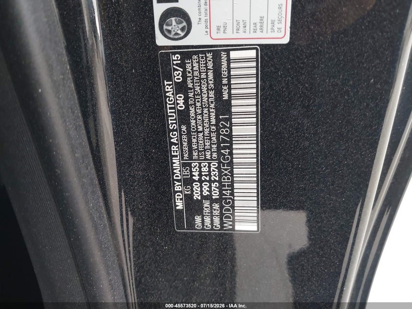 2015 Mercedes-benz C-klasse VIN WDDGJ4HBXFG417821 IAAI salvage auction — WATER/FLOOD, Non-Repairable (Texas), sold $1,050 on 2026-08-12 (photo 9)
