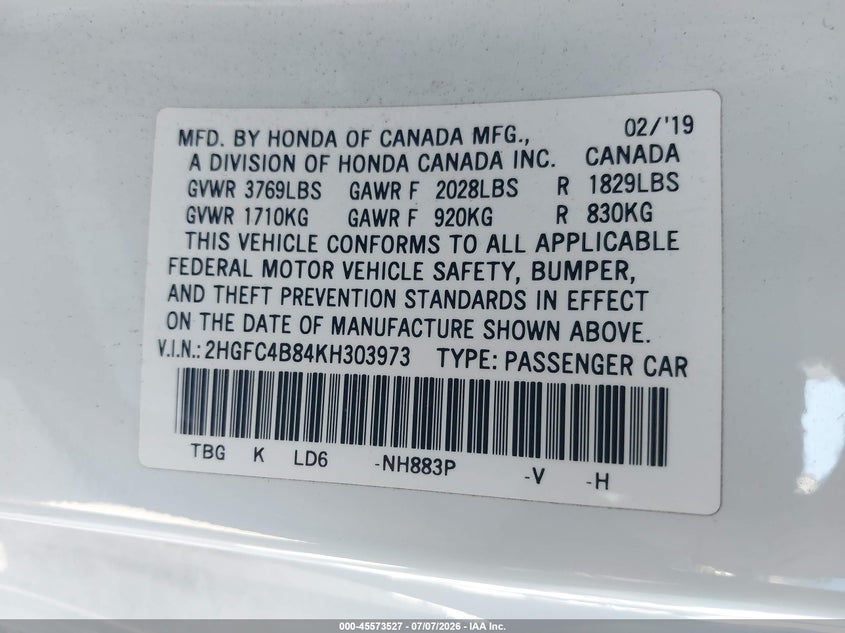 2019 Honda Civic VIN 2HGFC4B84KH303973 IAAI salvage auction — SIDE, Salvage (California), sold $3,550 on 2026-07-31 (photo 9)