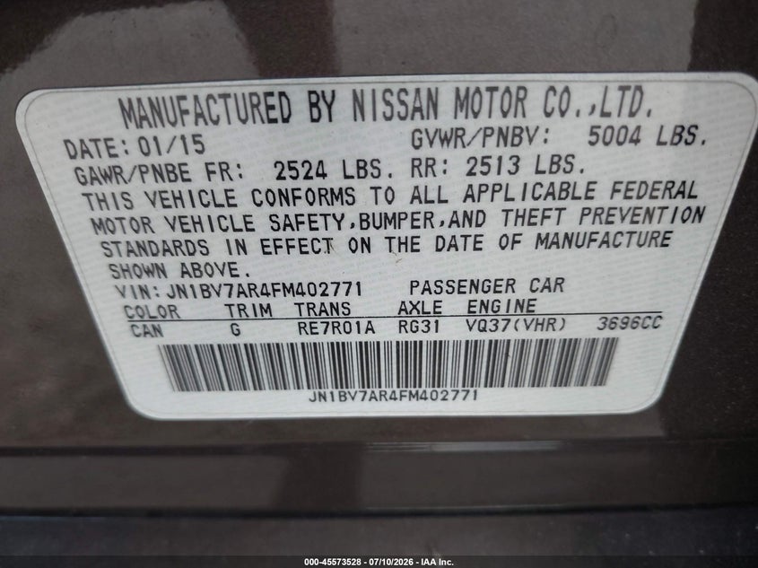 2015 Infiniti Q50 VIN JN1BV7AR4FM402771 IAAI salvage auction — LEFT REAR, Wait Title, sold $1,950 on 2026-09-16 (photo 9)