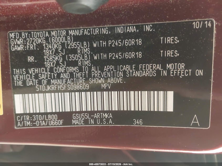 2015 Toyota Highlander VIN 5TDJKRFH5FS098609 IAAI salvage auction — FRONT END, Clear (Massachusetts), sold $7,000 on 2026-07-31 (photo 9)