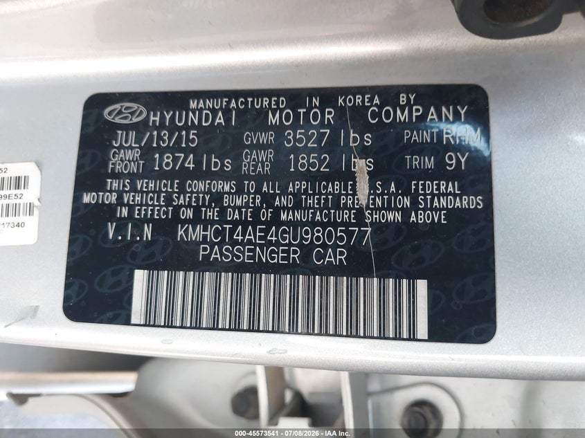 2016 Hyundai Accent VIN KMHCT4AE4GU980577 IAAI salvage auction — FRONT & REAR, Salvage Title, sold $800 on 2026-08-01 (photo 9)