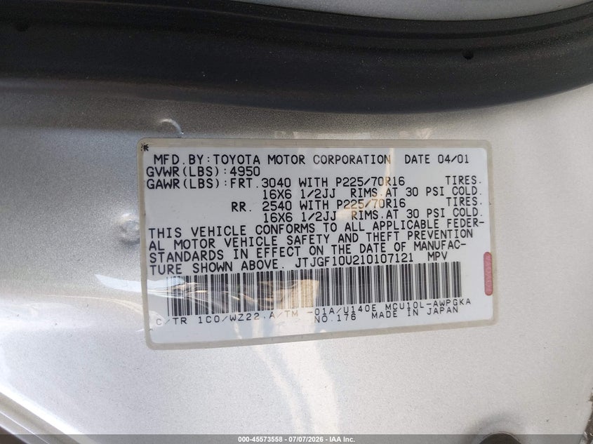 2001 Lexus Rx 300 VIN JTJGF10U210107121 IAAI salvage auction — UNKNOWN, Clear - Dealer Only (California), sold $750 on 2026-07-15 (photo 9)