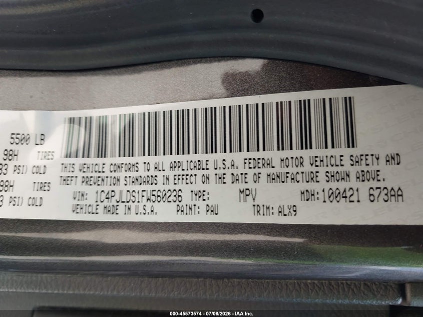 2015 Jeep Cherokee VIN 1C4PJLDS1FW560236 IAAI salvage auction — WATER/FLOOD, Salvage (Texas), sold $1,625 on 2026-08-01 (photo 9)
