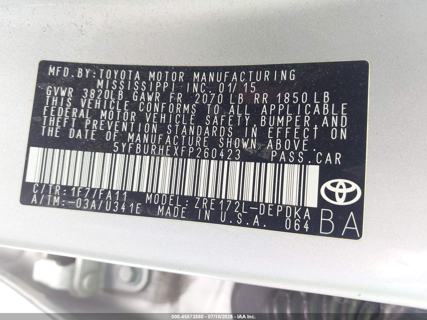 2015 Toyota Corolla VIN 5YFBURHEXFP260423 IAAI salvage auction — BIOHAZARD/CHEMICAL, Clear - Dealer Only (California), sold $4,700 on 2026-07-23 (photo 9)